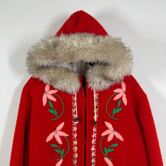 Vintage Rare Hudson’s Bay Red Wool with Floral Embroidered Hooded Coat - Picture 3 of 14